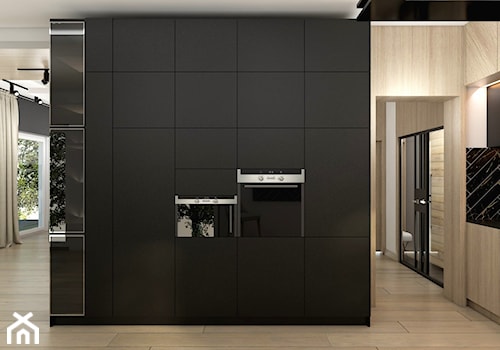 IM_01 - Duża otwarta beżowa czarna z zabudowaną lodówką kuchnia, styl nowoczesny - zdjęcie od InSign Aranżacje