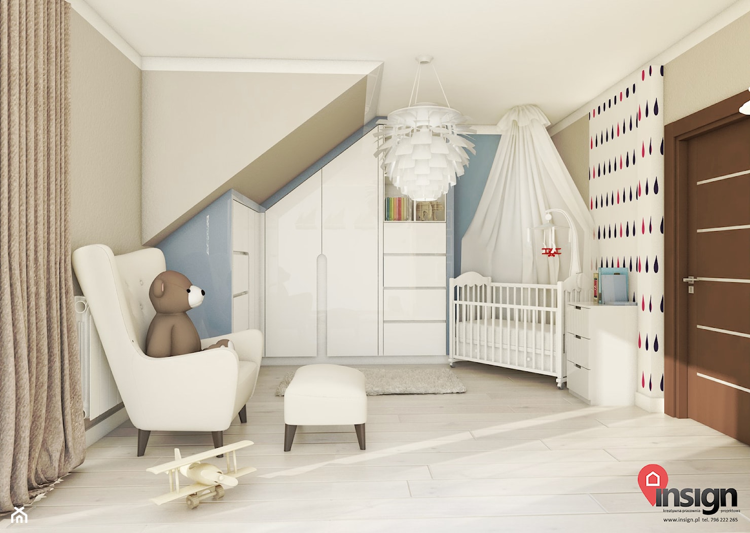 Ch_01 Pokój Antosia - Średni szary niebieski pokój dziecka dla niemowlaka dla chłopca dla dziewczynki, styl nowoczesny - zdjęcie od InSign Aranżacje - Homebook