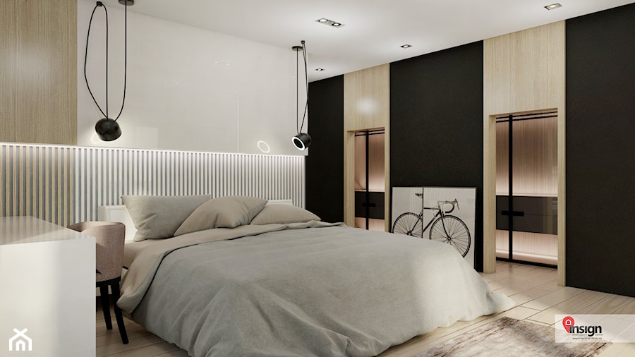WAR_01 - Duża beżowa biała czarna z biurkiem sypialnia, styl nowoczesny - zdjęcie od InSign Aranżacje