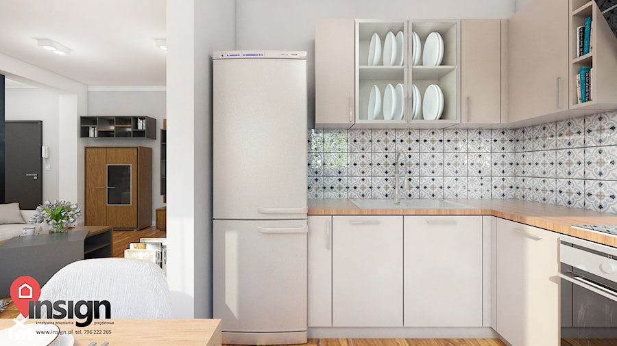 Ryb_01 - Średnia otwarta z salonem biała z zabudowaną lodówką z lodówką wolnostojącą kuchnia w kształcie litery l, styl nowoczesny - zdjęcie od InSign Aranżacje