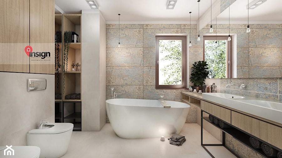 Cz_02 - Średnia na poddaszu z dwoma umywalkami łazienka z oknem, styl nowoczesny - zdjęcie od InSign Aranżacje