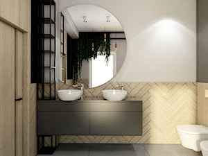 IM_01 - Średnia bez okna z lustrem z dwoma umywalkami z punktowym oświetleniem łazienka, styl nowoczesny - zdjęcie od InSign Aranżacje