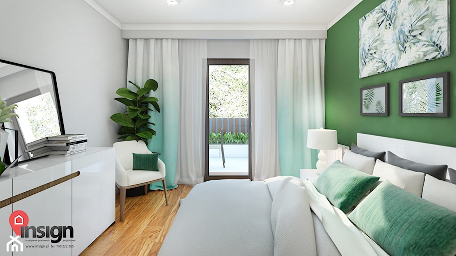 Ryb_01 - Średnia szara zielona sypialnia z balkonem / tarasem, styl nowoczesny - zdjęcie od InSign Aranżacje