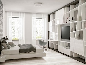 Nowoczesne mieszkanie w kamienicy - Średnia beżowa z biurkiem sypialnia, styl nowoczesny - zdjęcie od Formea Studio