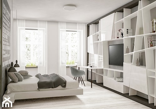 Nowoczesne mieszkanie w kamienicy - Średnia beżowa z biurkiem sypialnia, styl nowoczesny - zdjęcie od Formea Studio