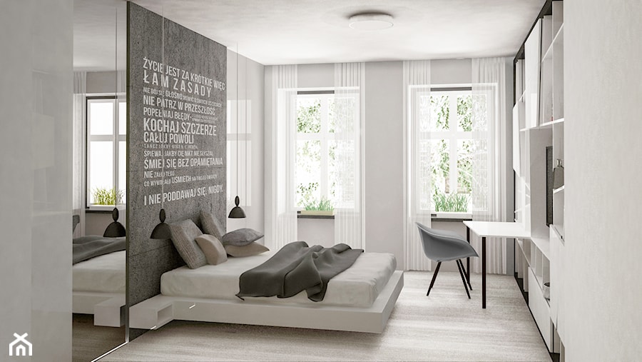 Nowoczesne mieszkanie w kamienicy - Średnia biała szara z biurkiem sypialnia, styl nowoczesny - zdjęcie od Formea Studio