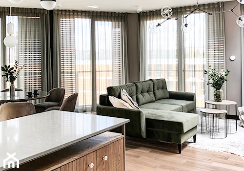 Apartament z widokiem na Odrę - Średni szary salon z kuchnią z jadalnią, styl skandynawski - zdjęcie od Formea Studio