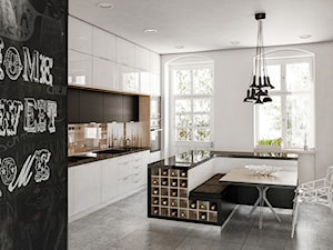 Nowoczesne mieszkanie w kamienicy - Duża otwarta z kamiennym blatem biała szara z zabudowaną lodówką kuchnia, styl nowoczesny - zdjęcie od Formea Studio