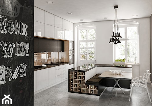 Nowoczesne mieszkanie w kamienicy - Duża otwarta z kamiennym blatem biała szara z zabudowaną lodówką kuchnia, styl nowoczesny - zdjęcie od Formea Studio