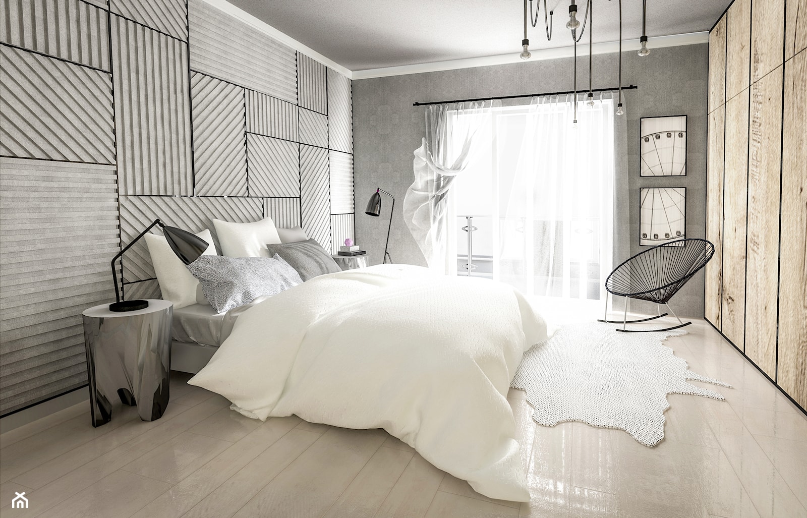 Biało-czarna elegancja - Duża szara sypialnia z balkonem / tarasem, styl skandynawski - zdjęcie od Formea Studio - Homebook