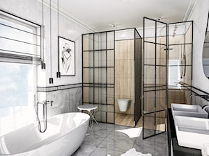 Biało-czarna elegancja - Duża na poddaszu z lustrem z dwoma umywalkami łazienka z oknem, styl skandynawski - zdjęcie od Formea Studio