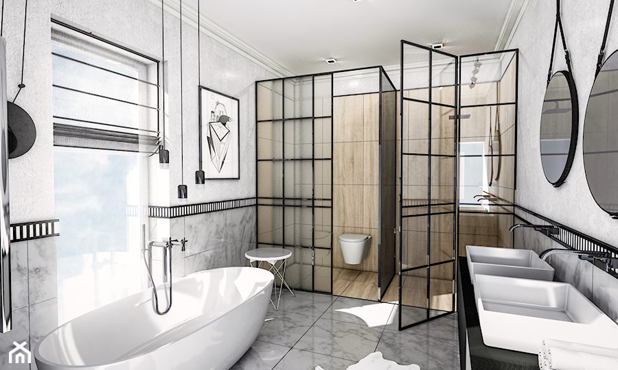 Biało-czarna elegancja - Duża na poddaszu z lustrem z dwoma umywalkami łazienka z oknem, styl skandynawski - zdjęcie od Formea Studio