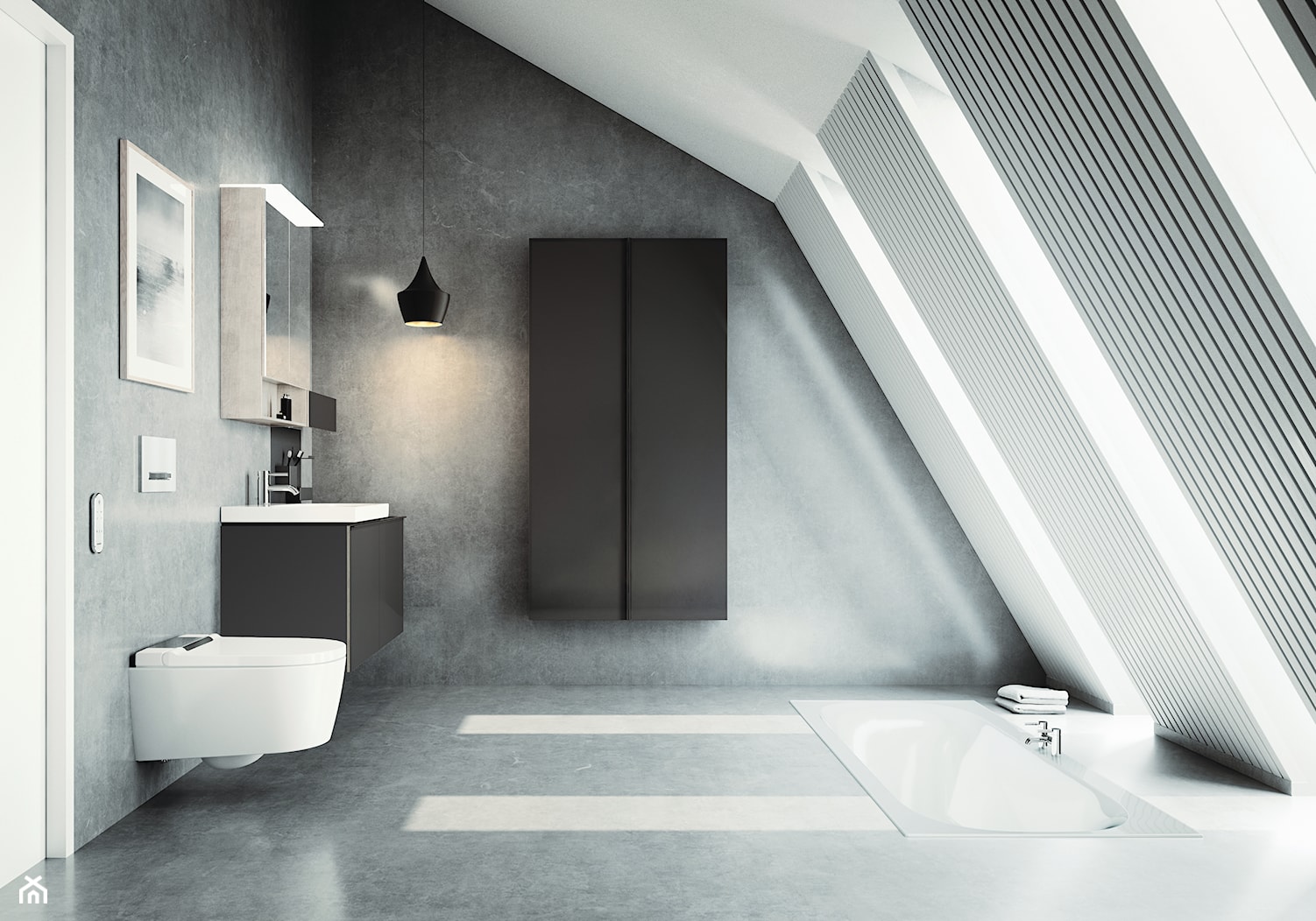 Geberit AquaClean Sela - Duża na poddaszu łazienka z oknem, styl nowoczesny - zdjęcie od Geberit - Homebook