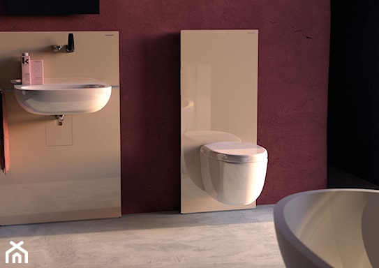 szklane płyty w łazience, minimalistyczna łazienka, bordowe ściany