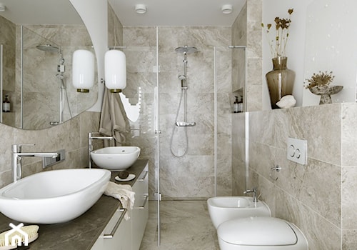 Wymarzona łazienka według Katarzyny Szostakowskiej - Średnia z lustrem z dwoma umywalkami z punktowym oświetleniem łazienka, styl vintage - zdjęcie od Geberit