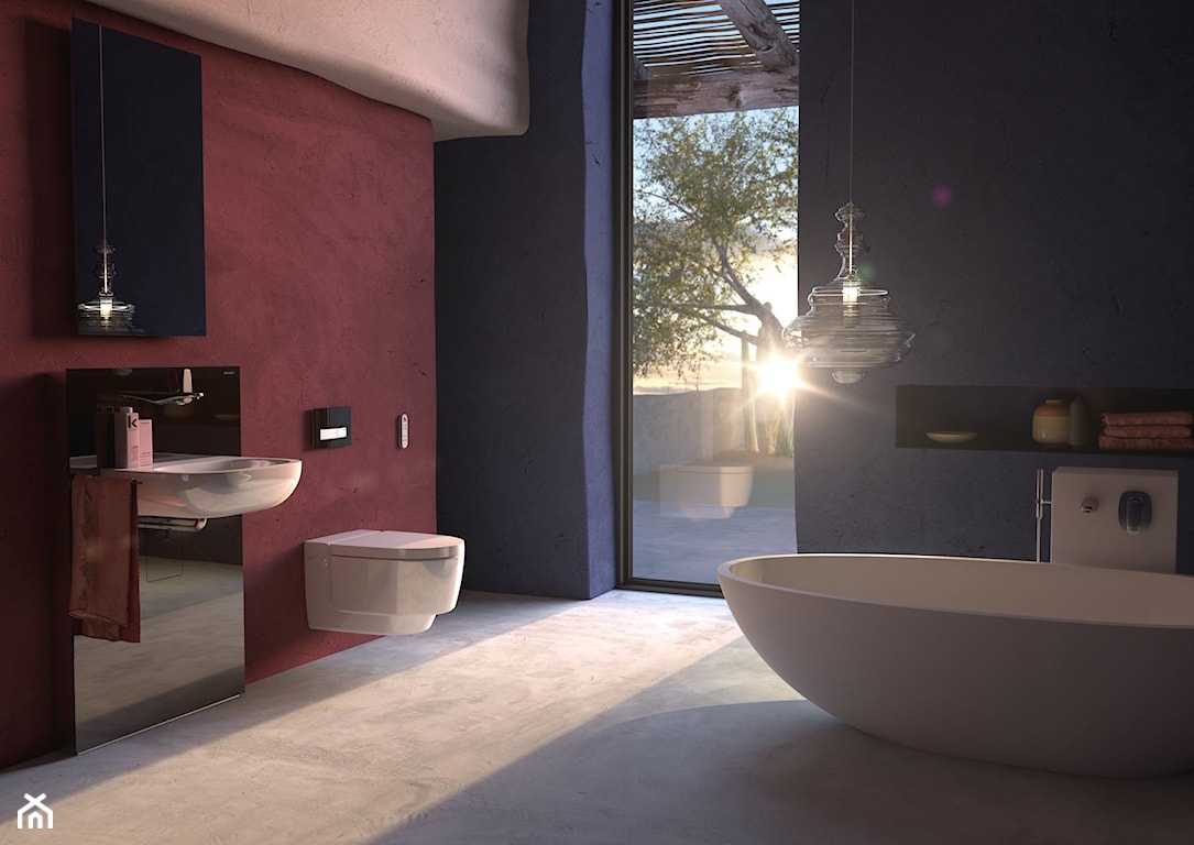 szara podłoga, czerwona ściana, granatowa ściana, futurystyczna łazienka, toaleta myjąca
