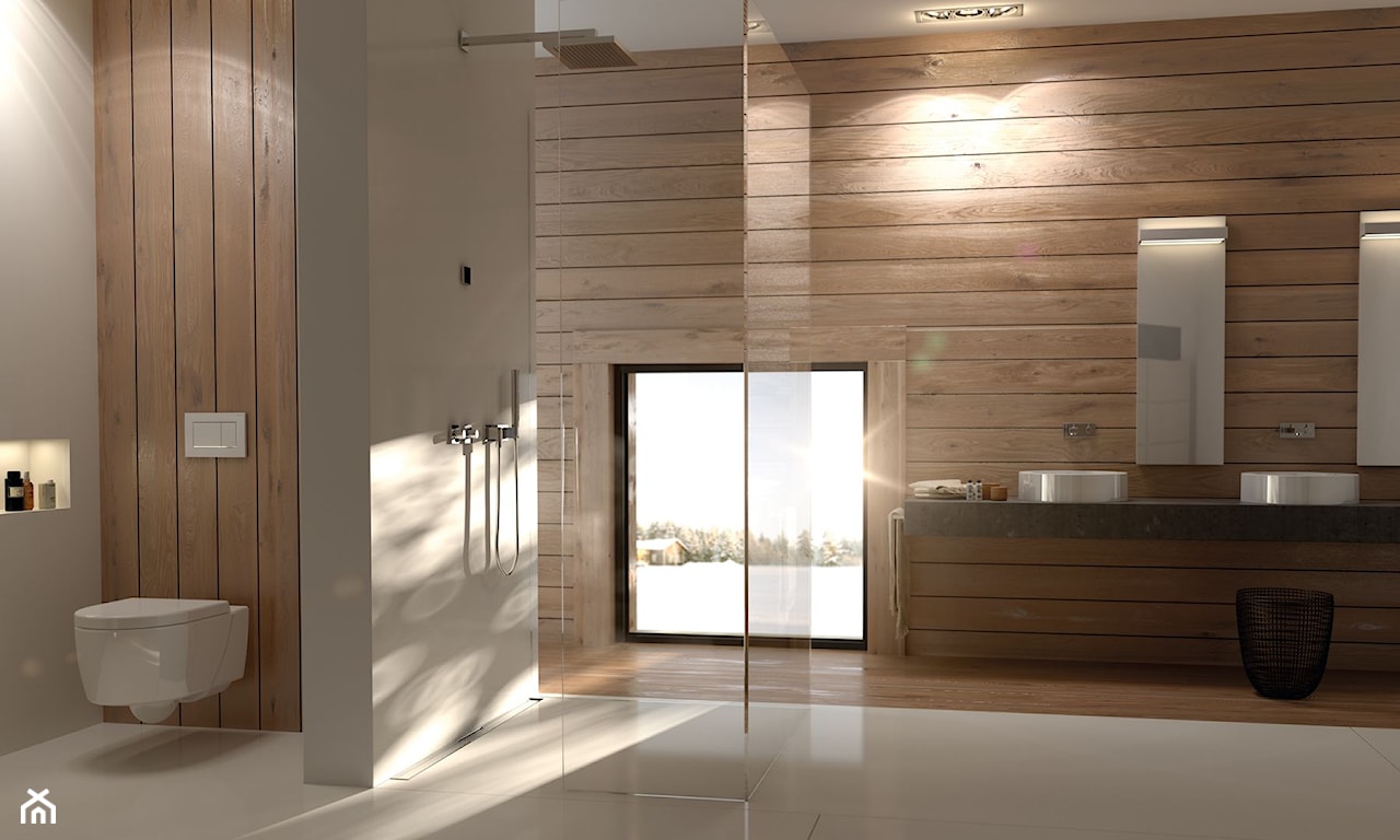 beżowa łazienka z kabiną walk-in i drewnem na ścianie