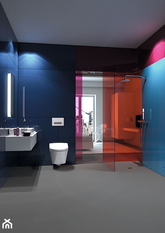toaleta myjąca, futurystyczna łazienka, szara podłoga, granatowe ściany