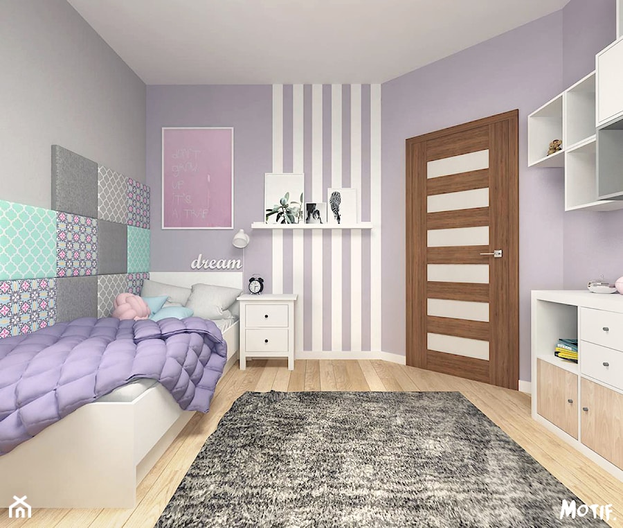 METAMORFOZA- POKÓJ DZIEWCZYNKI - Średni biały fioletowy szary pokój dziecka dla dziecka dla nastolatka dla dziewczynki, styl skandynawski - zdjęcie od MOTIF