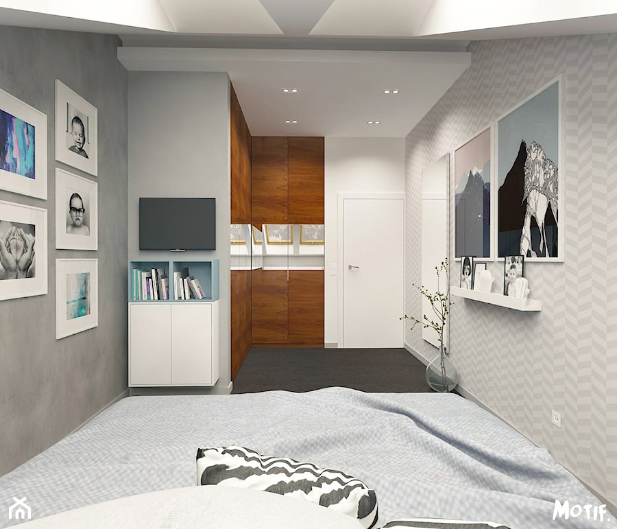 METAMORFOZA SYPIALNI - Średnia biała szara sypialnia na poddaszu, styl skandynawski - zdjęcie od MOTIF