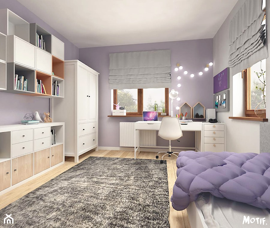 METAMORFOZA- POKÓJ DZIEWCZYNKI - Średni biały fioletowy pokój dziecka dla nastolatka dla dziewczynki, styl skandynawski - zdjęcie od MOTIF