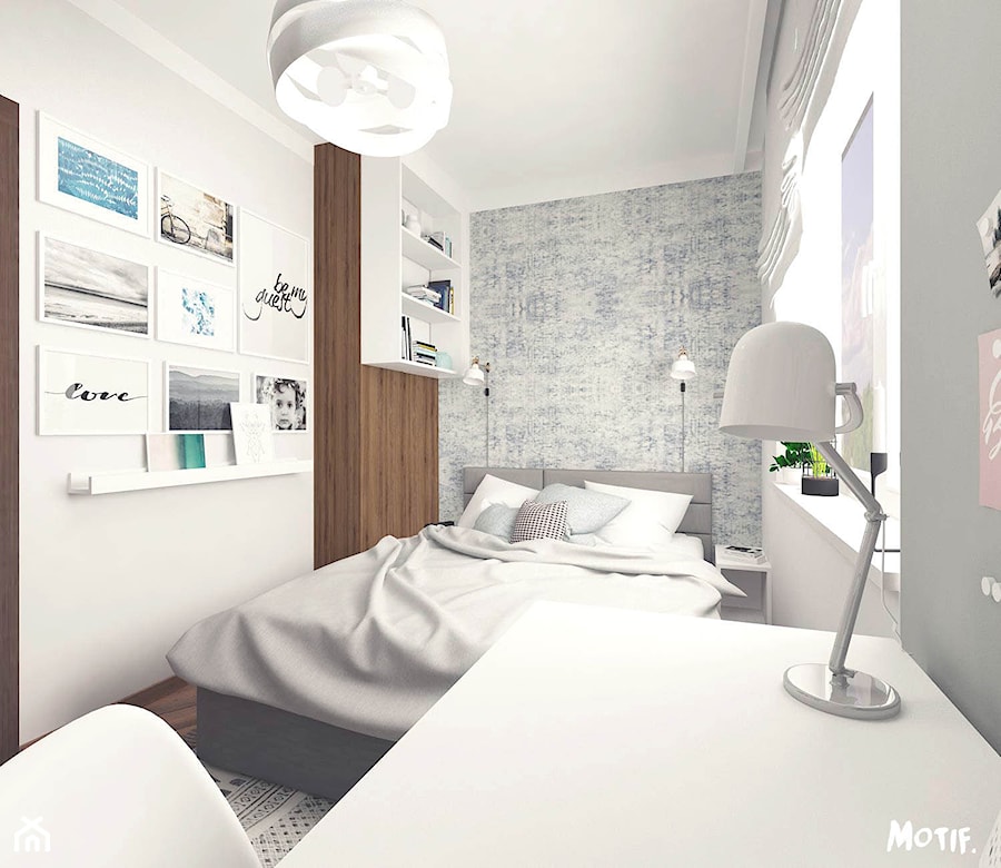 MAŁA SYPIALNIA - Mała z biurkiem sypialnia, styl nowoczesny - zdjęcie od MOTIF