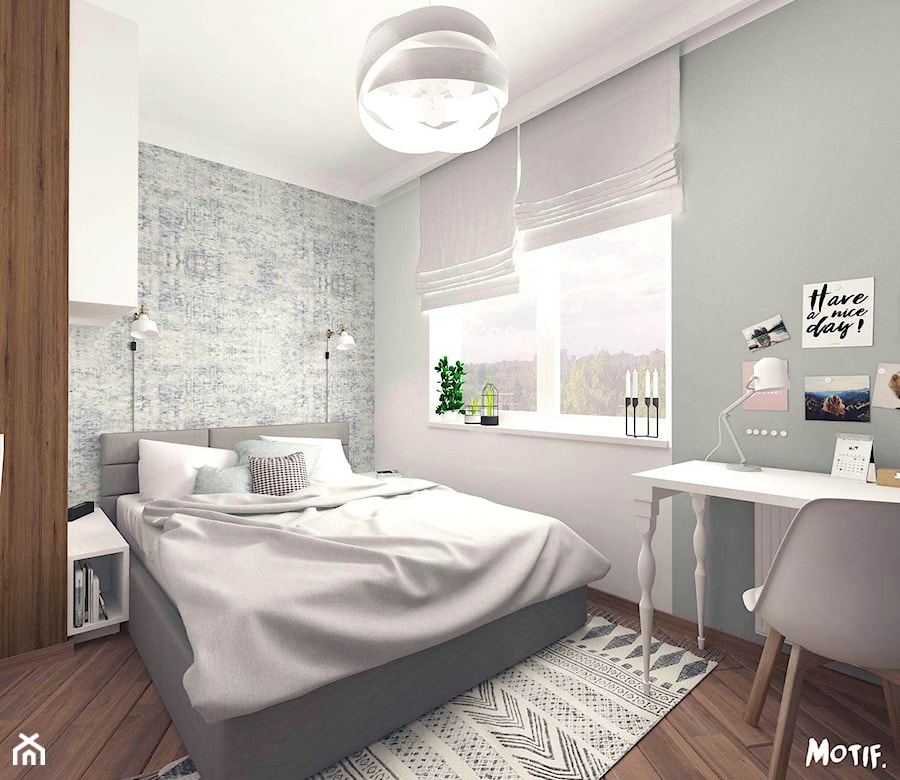MAŁA SYPIALNIA - Mała biała szara z biurkiem sypialnia, styl nowoczesny - zdjęcie od MOTIF