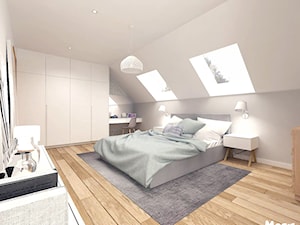 SYPIALNIA 01 - Duża biała szara z biurkiem sypialnia na poddaszu, styl skandynawski - zdjęcie od MOTIF