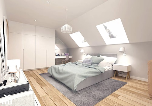 SYPIALNIA 01 - Duża biała szara z biurkiem sypialnia na poddaszu, styl skandynawski - zdjęcie od MOTIF