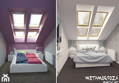 METAMORFOZA SYPIALNI - Średnia biała fioletowa szara sypialnia na poddaszu, styl skandynawski - zdjęcie od MOTIF