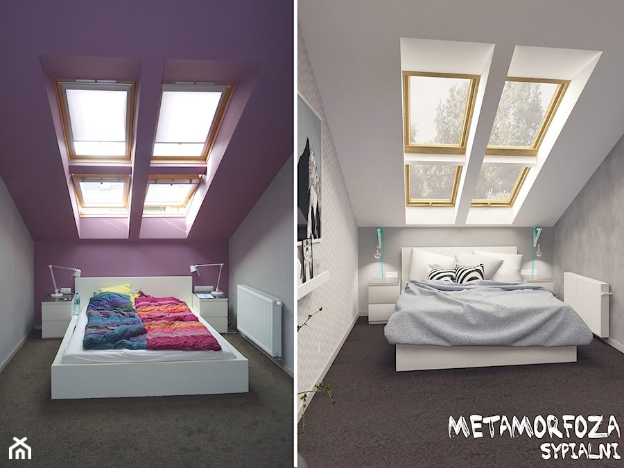METAMORFOZA SYPIALNI - Średnia biała fioletowa szara sypialnia na poddaszu, styl skandynawski - zdjęcie od MOTIF