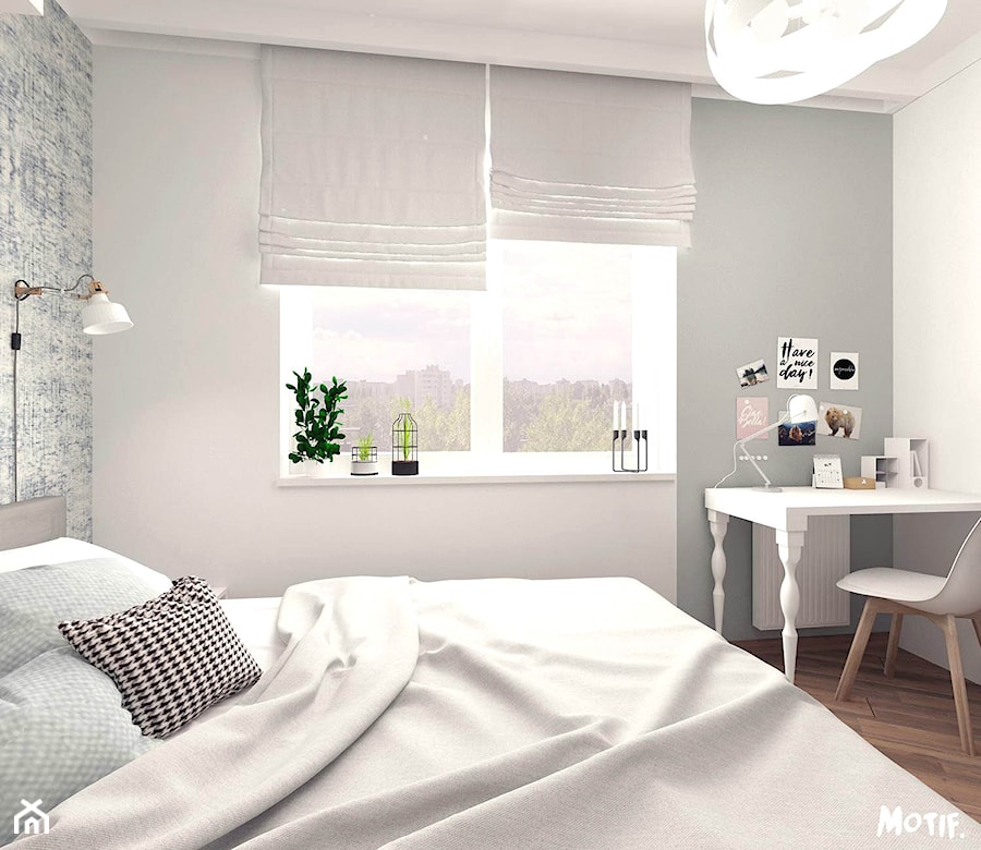 MAŁA SYPIALNIA - Średnia biała szara z biurkiem sypialnia, styl nowoczesny - zdjęcie od MOTIF