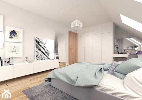 SYPIALNIA 01 - Duża biała szara sypialnia na poddaszu, styl skandynawski - zdjęcie od MOTIF