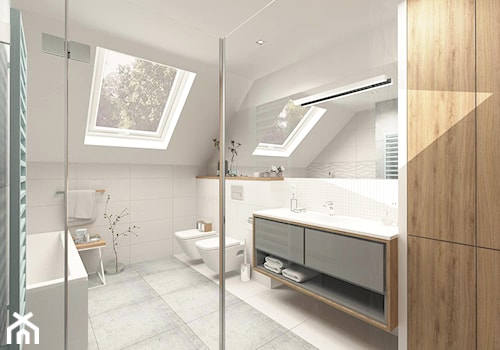 ŁAZIENKA III - Średnia na poddaszu z punktowym oświetleniem łazienka z oknem, styl nowoczesny - zdjęcie od MOTIF