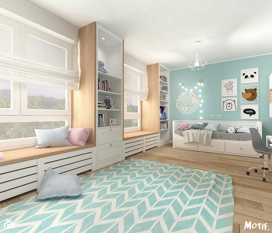 POKÓJ DZIECIĘCY W STYLU SKANDYNAWSKIM - Duży niebieski pokój dziecka dla nastolatka dla chłopca dla dziewczynki, styl skandynawski - zdjęcie od MOTIF