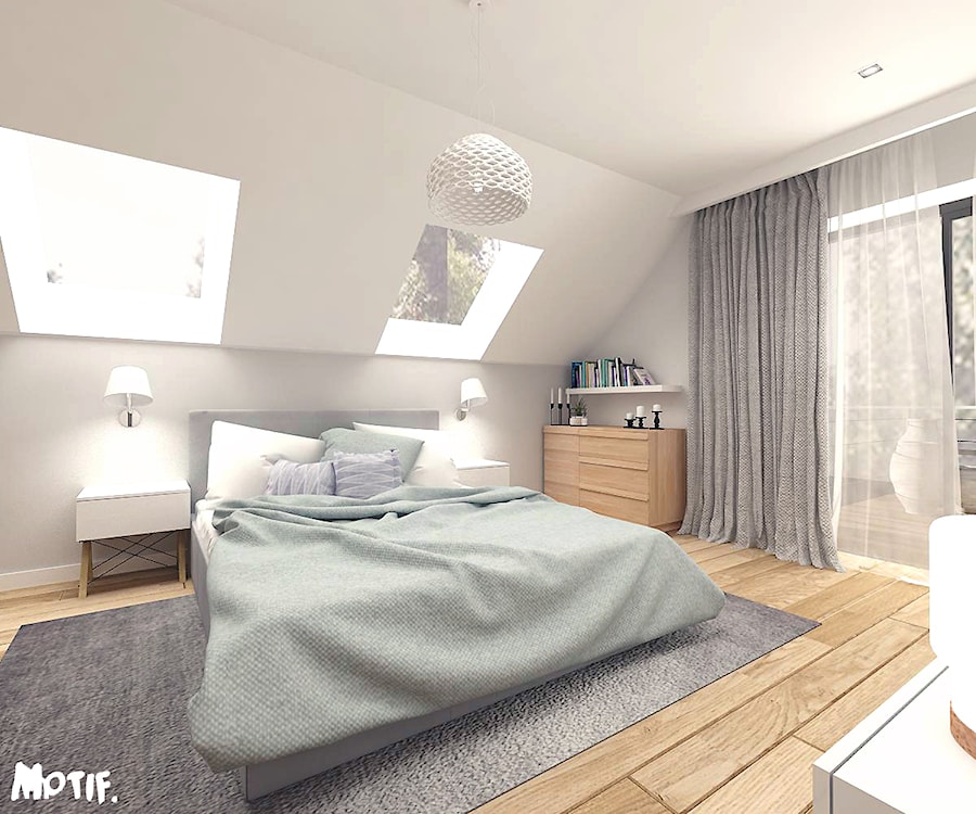 SYPIALNIA 01 - Średnia duża biała sypialnia na poddaszu, styl skandynawski - zdjęcie od MOTIF