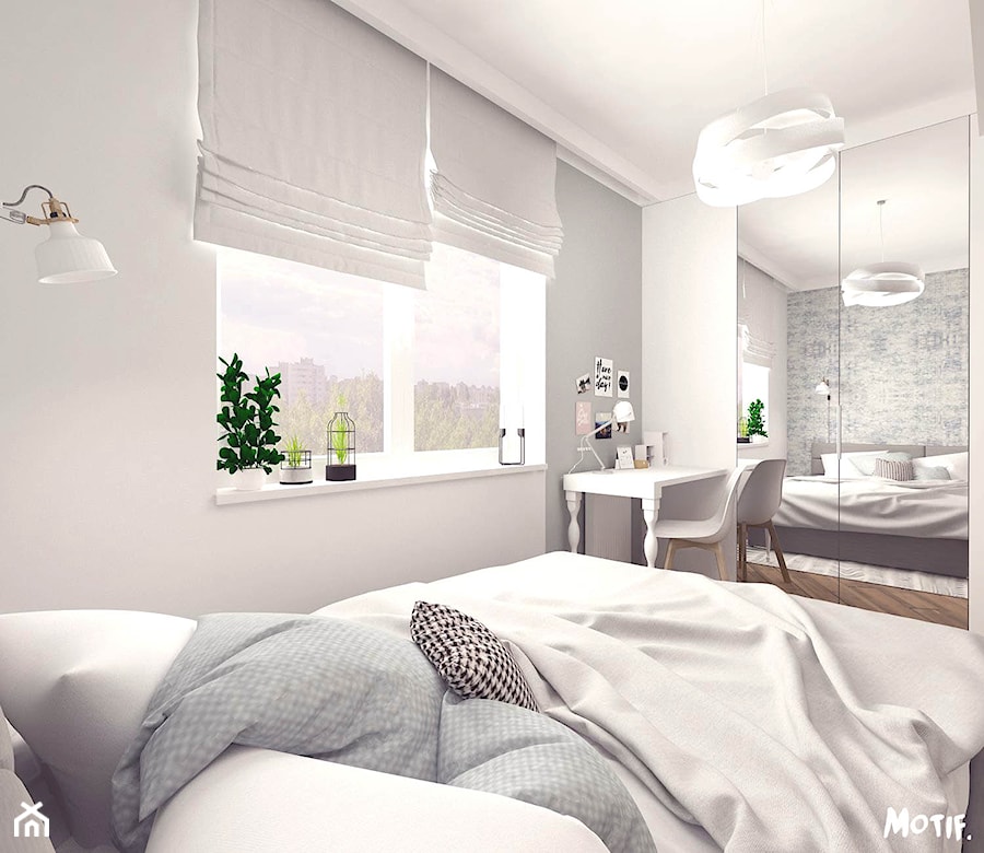 MAŁA SYPIALNIA - Mała biała z biurkiem sypialnia, styl nowoczesny - zdjęcie od MOTIF