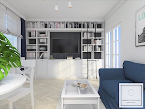 Retkinia - Średni biały salon z tarasem / balkonem z bibiloteczką - zdjęcie od Agnieszka Gwozdowska Design Studio