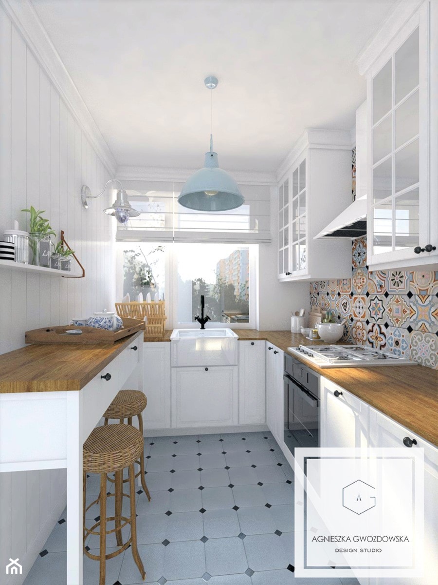 Retkinia - Średnia otwarta biała z zabudowaną lodówką z nablatowym zlewozmywakiem kuchnia w kształcie litery l z oknem - zdjęcie od Agnieszka Gwozdowska Design Studio