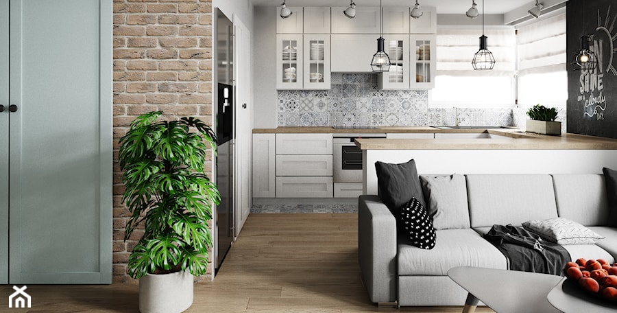 Mieszkanie w Legnicy - Biały czarny salon z kuchnią, styl skandynawski - zdjęcie od Pracownia WAŻKA