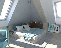 Mieszkanie w dawnych koszarach wojskowych - Duża beżowa biała szara sypialnia na poddaszu - zdjęcie od Pracownia WAŻKA - Homebook