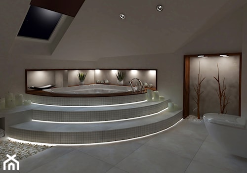 Dom w Wilkowie 2 - Średnia duża na poddaszu jako pokój kąpielowy z punktowym oświetleniem łazienka z oknem, styl nowoczesny - zdjęcie od Pracownia WAŻKA