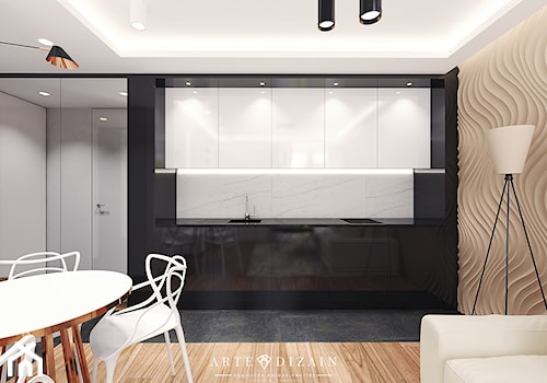 Wizualizacja wnętrz apartamentów w Sopocie - Średnia otwarta biała z podblatowym zlewozmywakiem kuchnia jednorzędowa z marmurem nad blatem kuchennym, styl nowoczesny - zdjęcie od Arte Dizain
