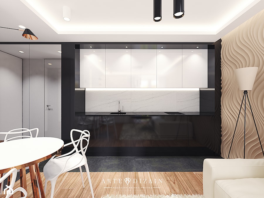 Wizualizacja wnętrz apartamentów w Sopocie - Średnia otwarta biała z podblatowym zlewozmywakiem kuchnia jednorzędowa z marmurem nad blatem kuchennym, styl nowoczesny - zdjęcie od Arte Dizain