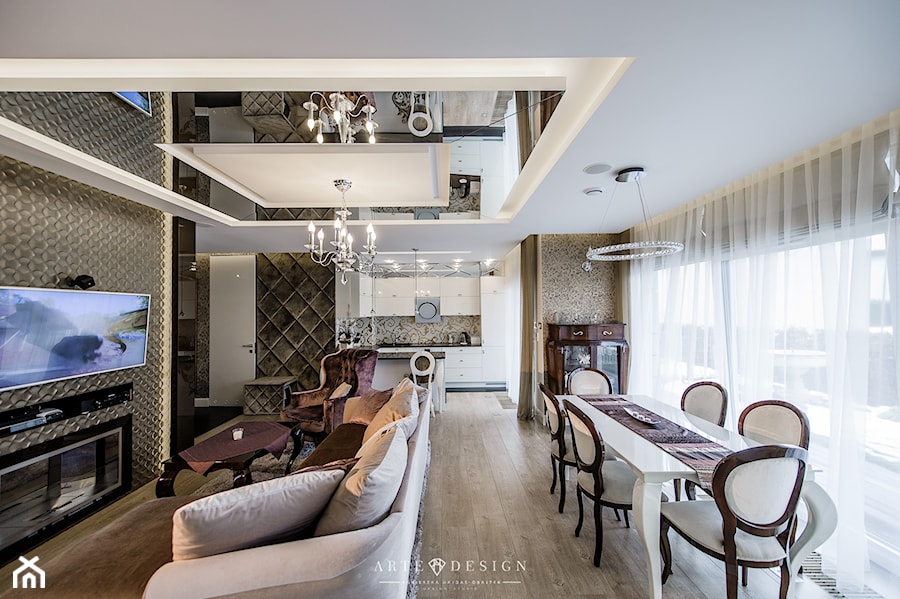 Elegancki apartament w Gdyni - Mały biały szary salon z kuchnią z jadalnią z tarasem / balkonem, styl glamour - zdjęcie od Arte Dizain