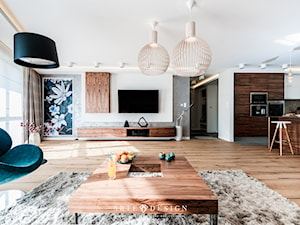 Mieszkanie w Gdańsku - Duży biały szary salon z kuchnią z barkiem, styl nowoczesny - zdjęcie od Arte Dizain
