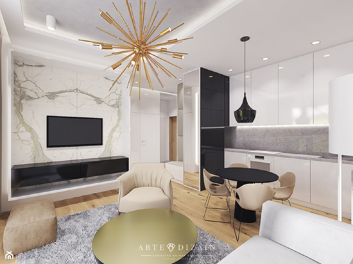 Wizualizacja mieszkania w Orłowie - Średni salon z kuchnią z jadalnią, styl nowoczesny - zdjęcie od Arte Dizain - Homebook