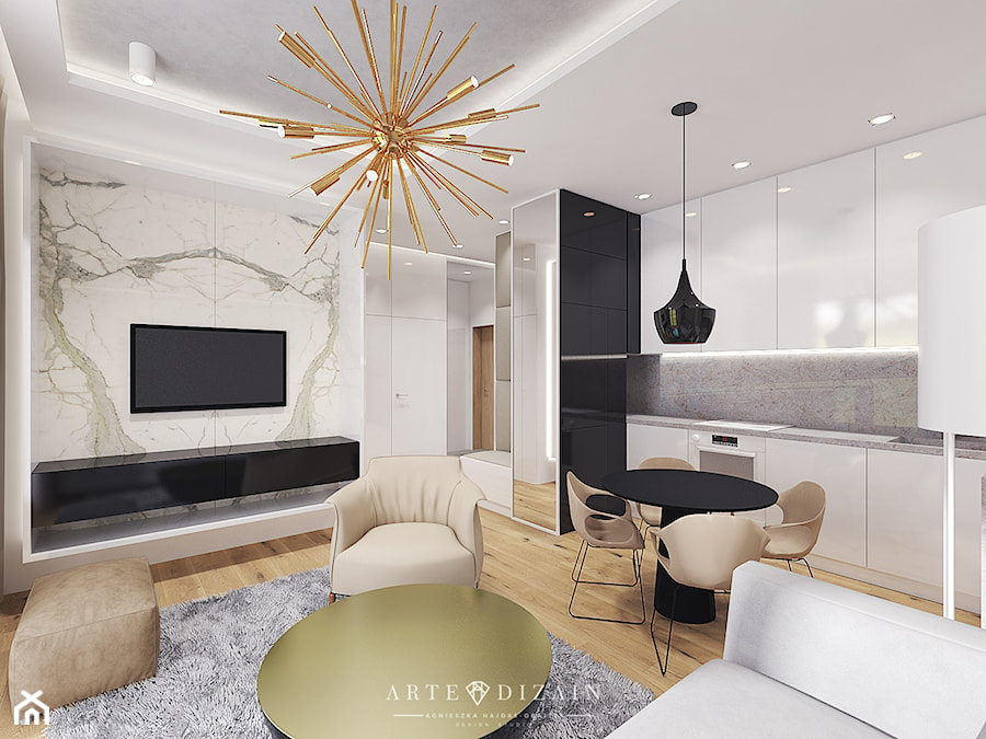 Wizualizacja mieszkania w Orłowie - Średni salon z kuchnią z jadalnią, styl nowoczesny - zdjęcie od Arte Dizain