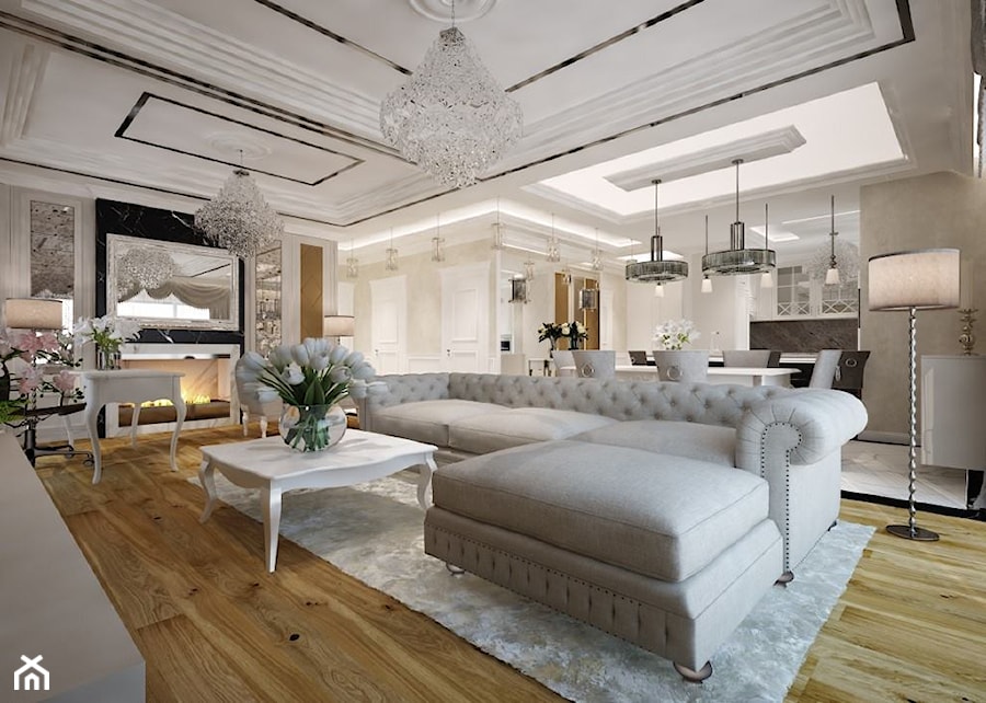 Mieszkanie Gdynia Nowe Orłowo - Duży beżowy biały salon z kuchnią z jadalnią - zdjęcie od Arte Dizain