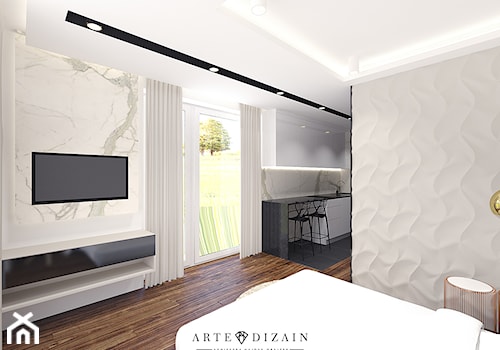 Wizualizacja wnętrz apartamentów w Sopocie - Średnia biała z panelami tapicerowanymi sypialnia, styl nowoczesny - zdjęcie od Arte Dizain